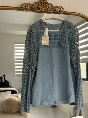 Light Blue Crochet Yoke Long-Sleeve Blouse